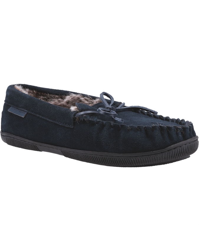 Navy | Ladies' Suede Hush Puppy Moccasin Slippers | Scott's of Stow