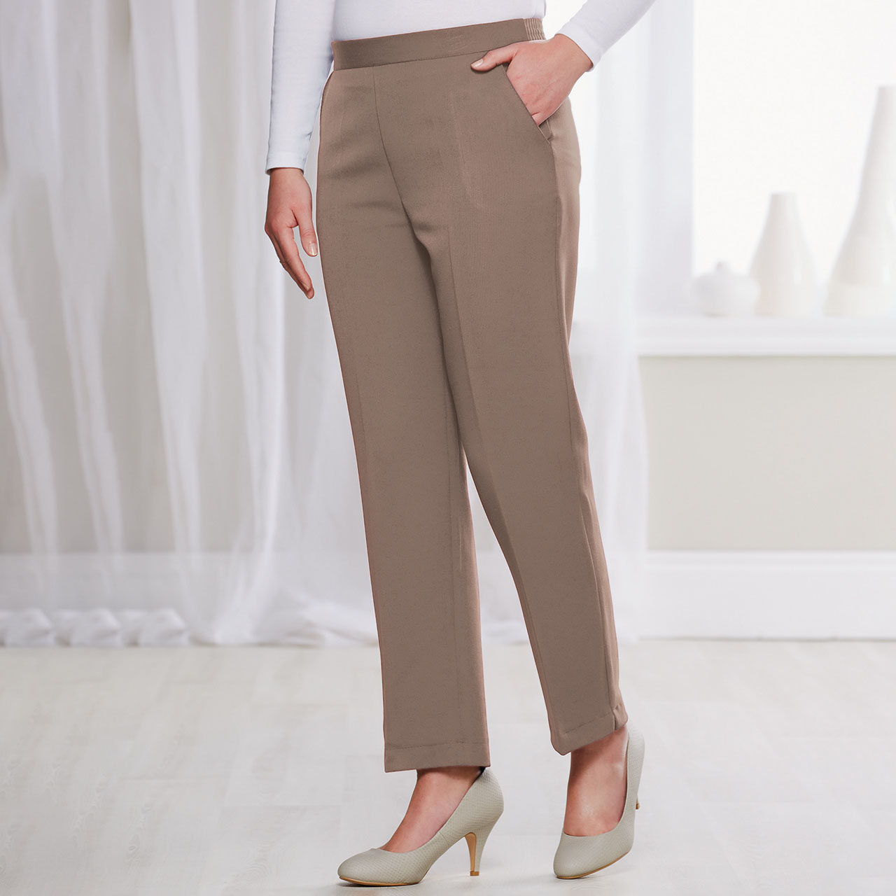 Beige-coloured Ankle-Length Trousers
