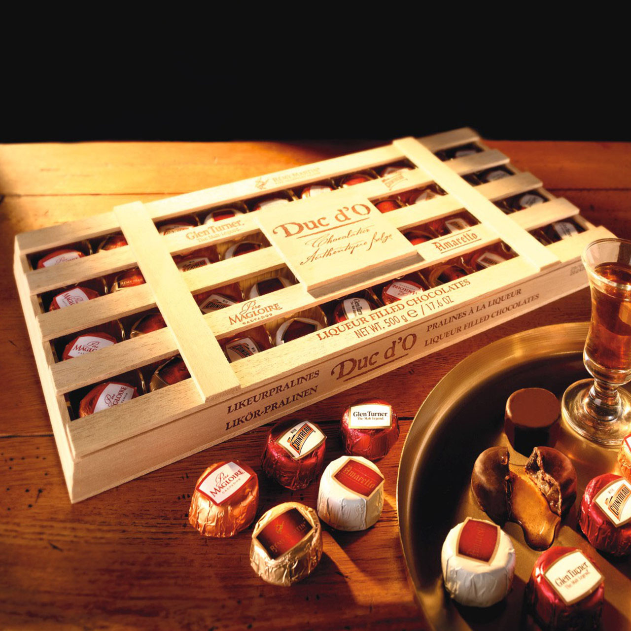 Duc d'O Assorted Chocolate Liqueurs in a Crate