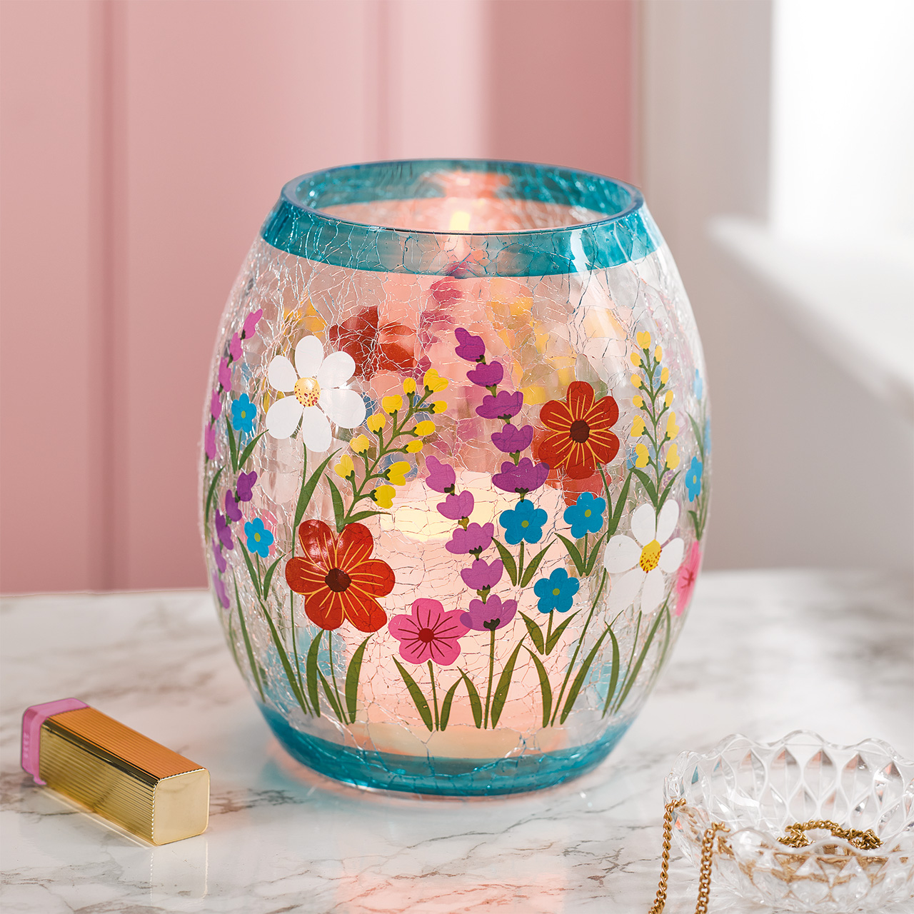 Meadow Flowers Glass Candle Lantern and LED Candle