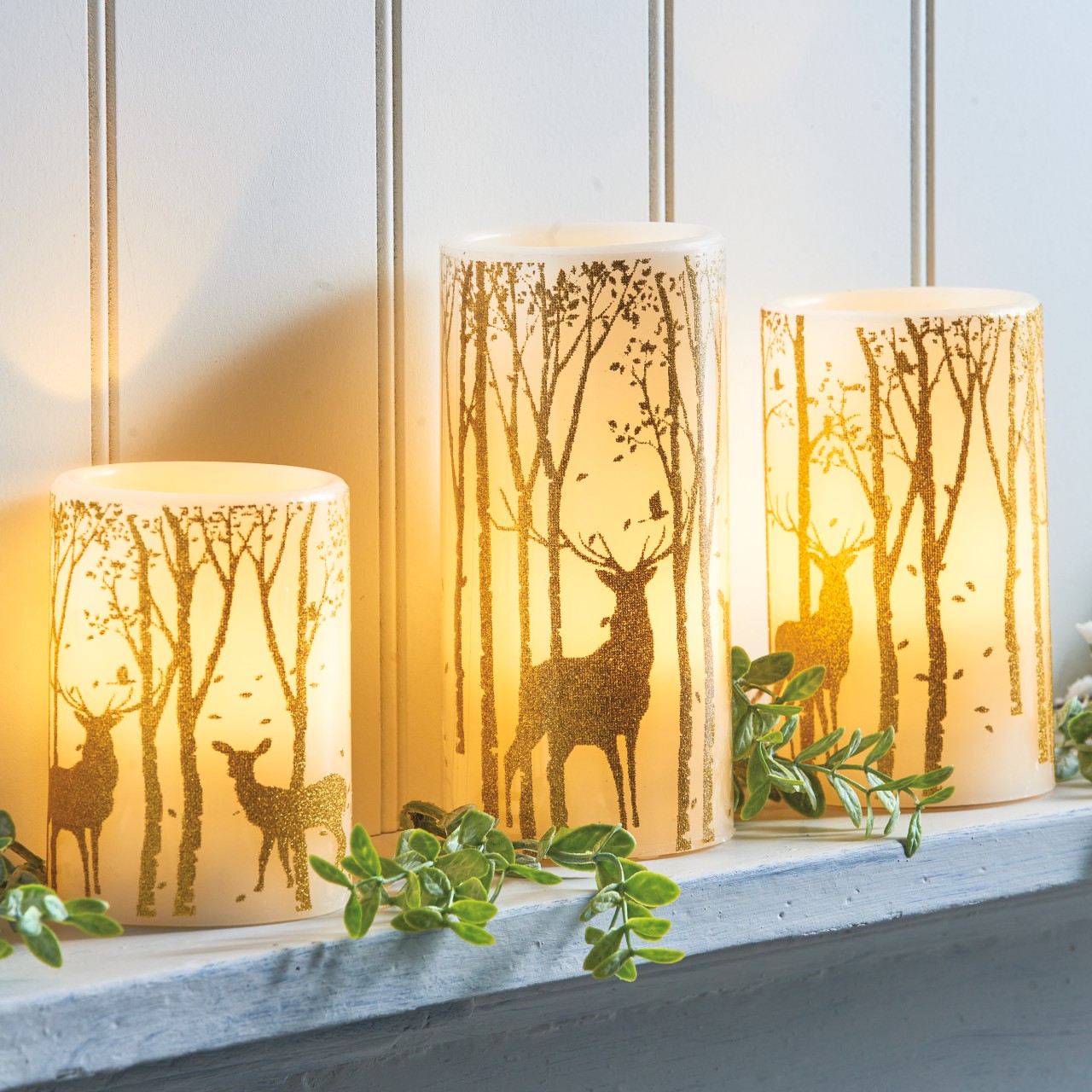 Christmas Woodland LED Pillar Candles - Set of 3