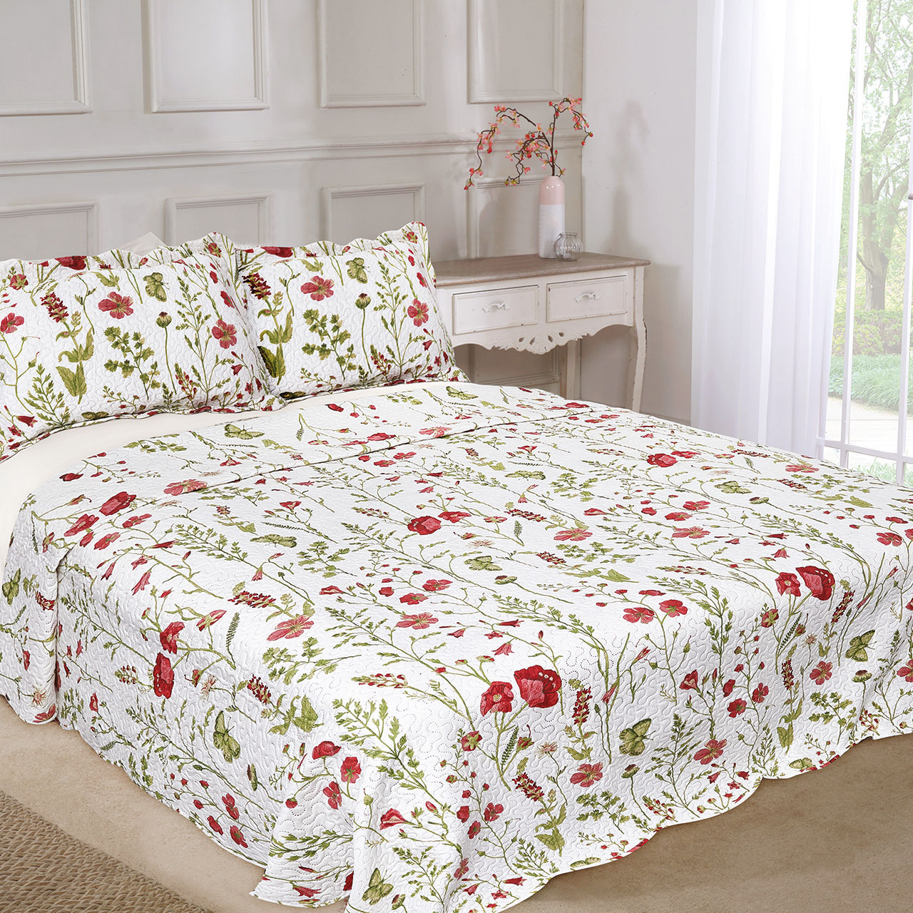 Fernly and Poppy Quilted Bedspreads