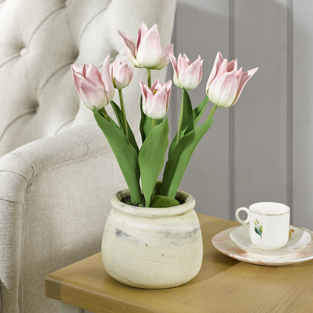 Pale Pink Tulips in Cement Pot