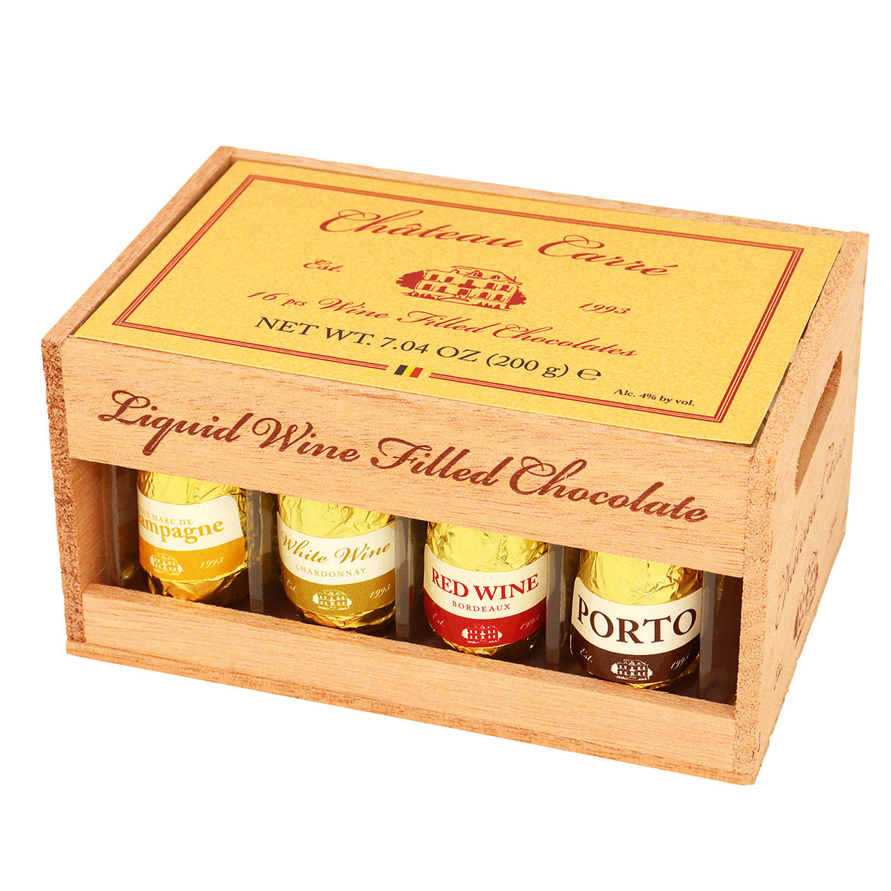 Wooden Crate with 16 Wine-Filled Chocolates