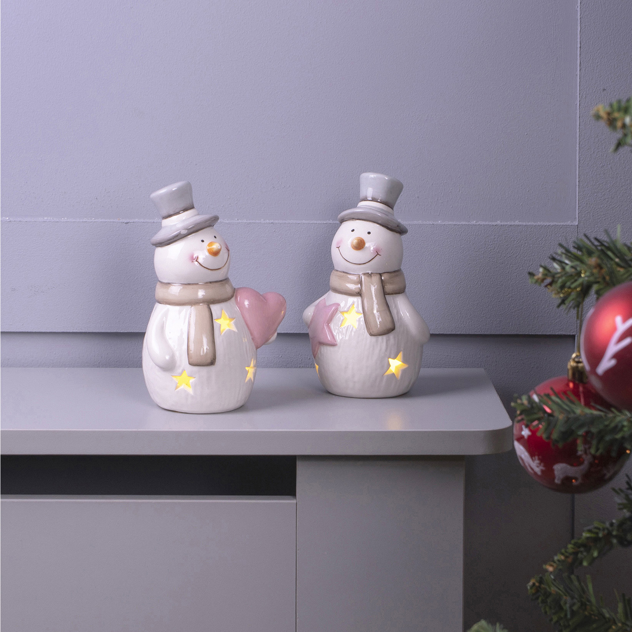 Ceramic Light Up Snowmen - Set of 2