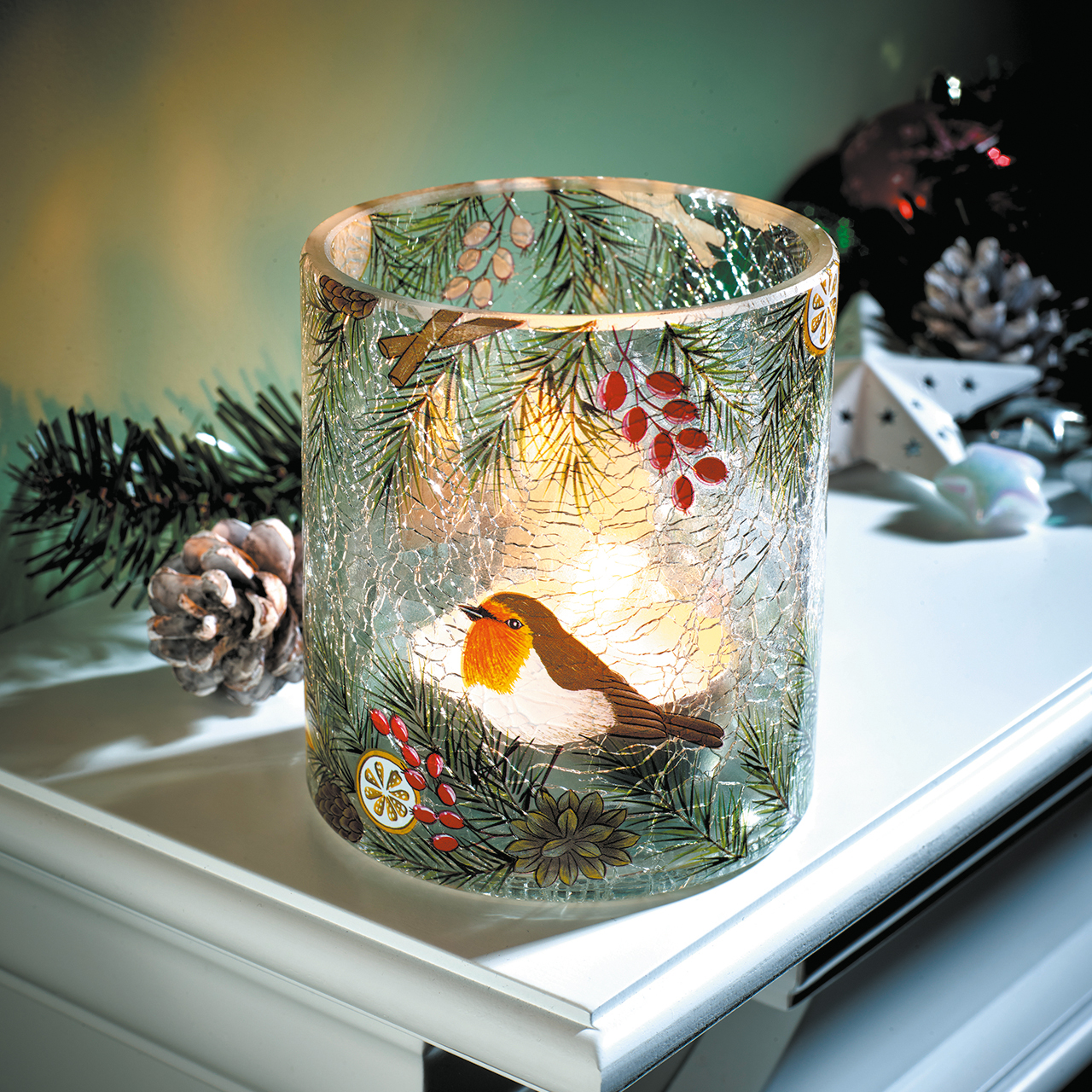 Crackle Glass Robin Candle Holder