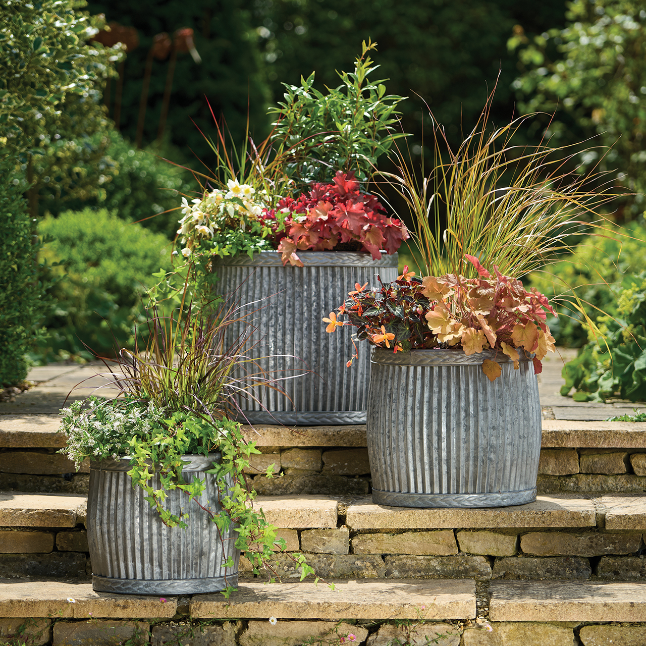 Ribbed Zinc Planters - Set of 3