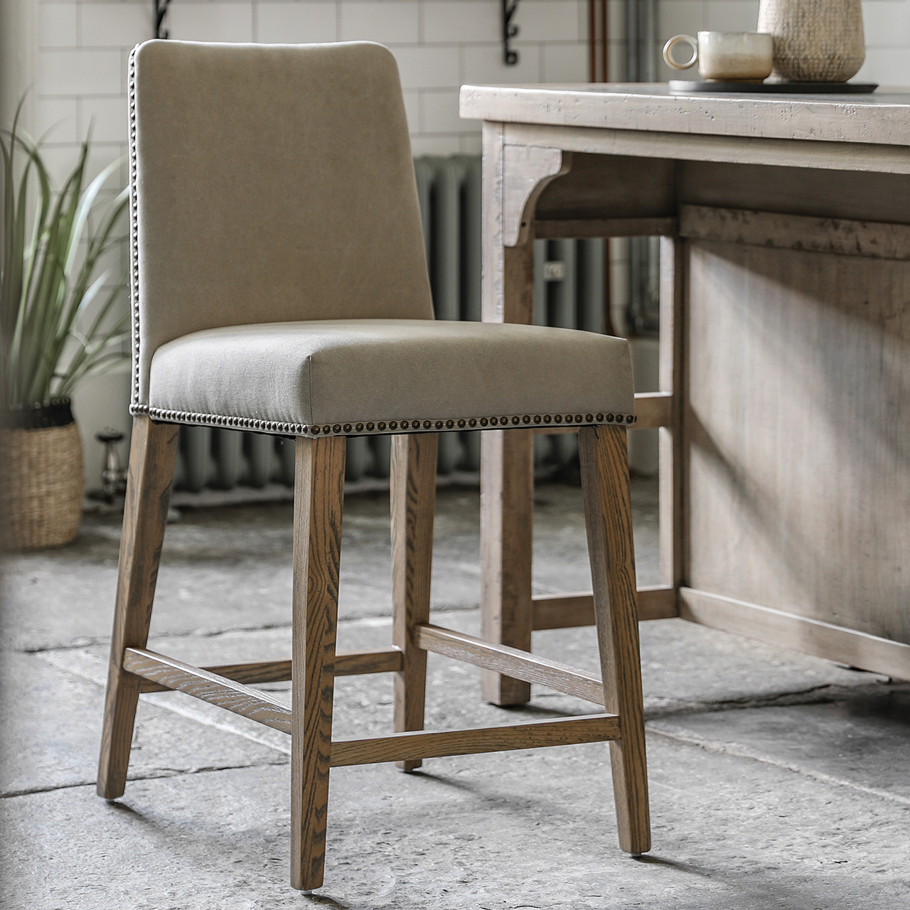 Oak Upholstered Bar Stools - Set of 2