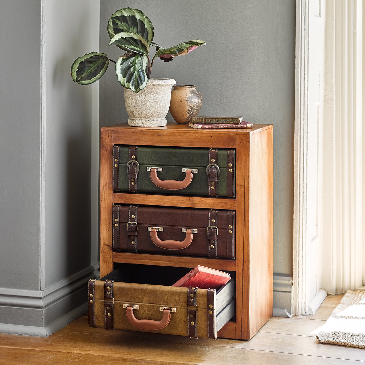 Wooden 3-Drawer Suitcase Cabinet
