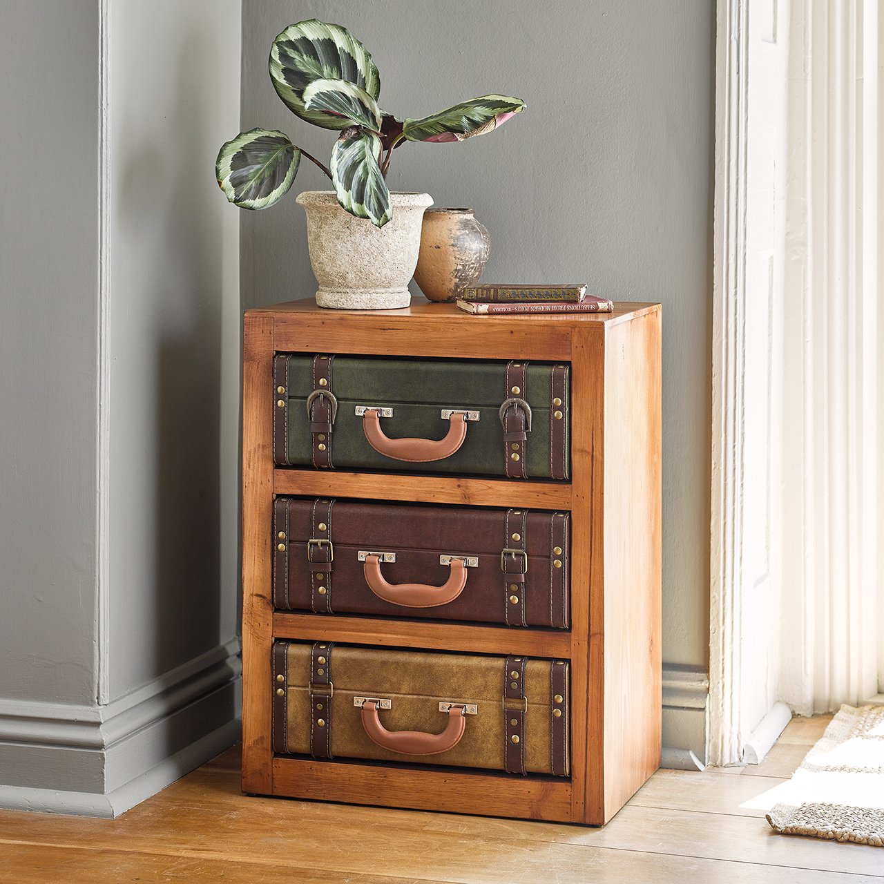 Wooden 3-Drawer Suitcase Cabinet