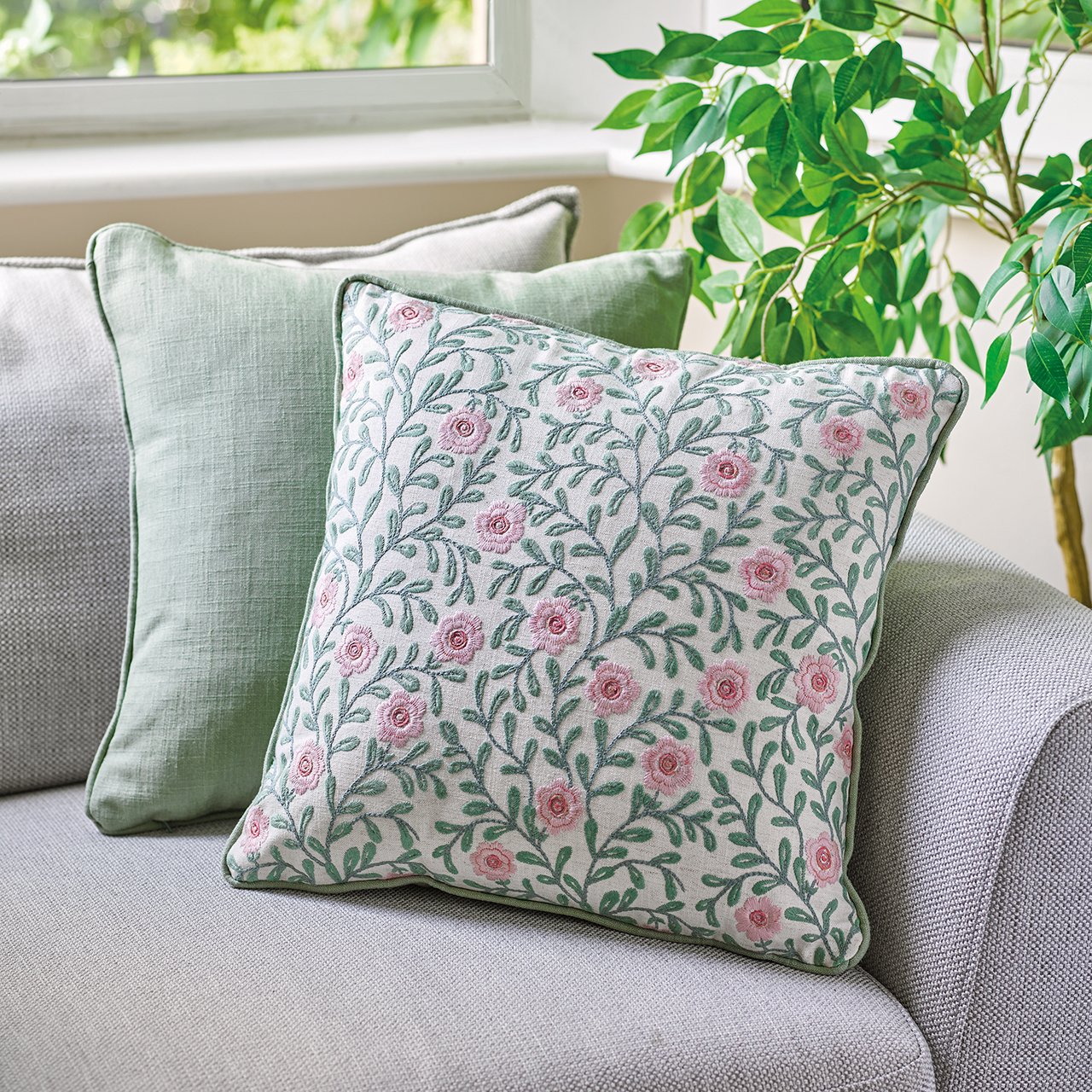 Dog Rose Embroidered Cushion
