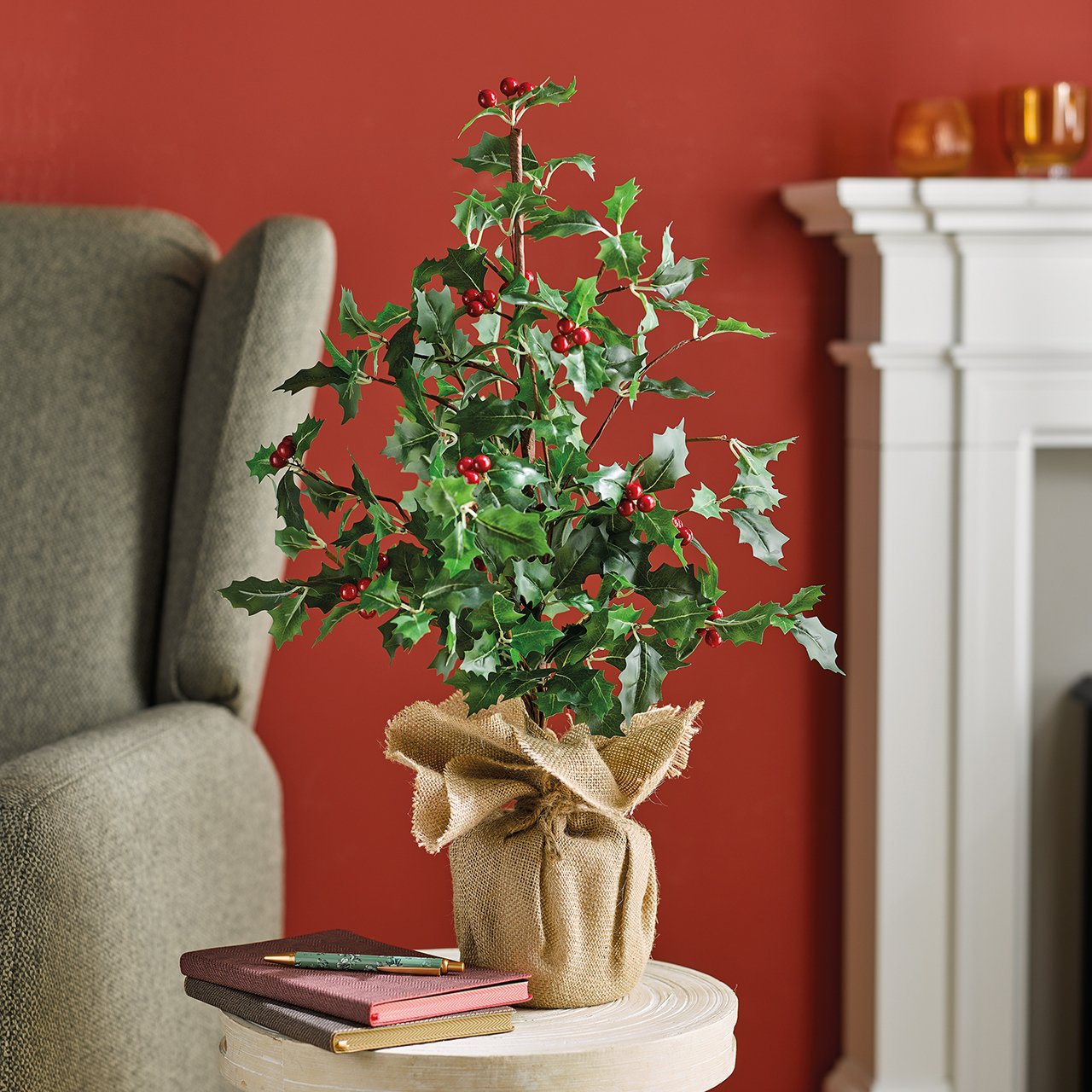 Faux Holly Tree with Hessian Base