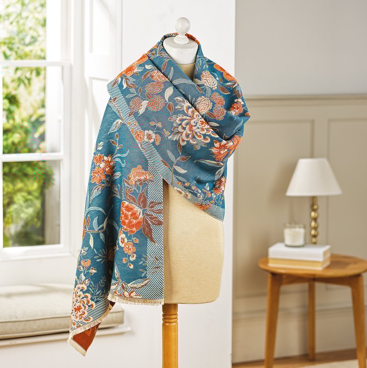 Teal Woven Floral Scarf