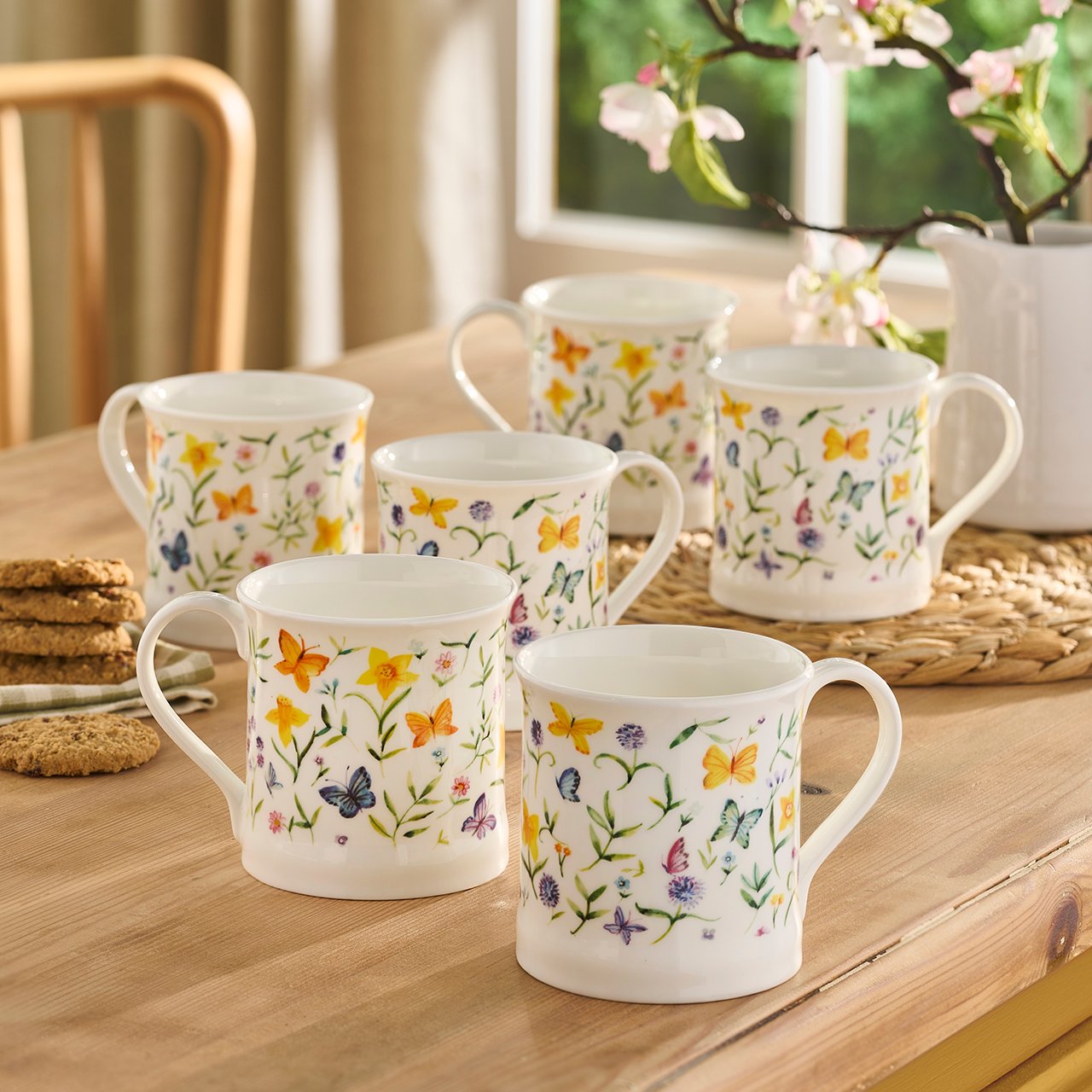 Butterflies and Daffodils Mugs, Set of 6
