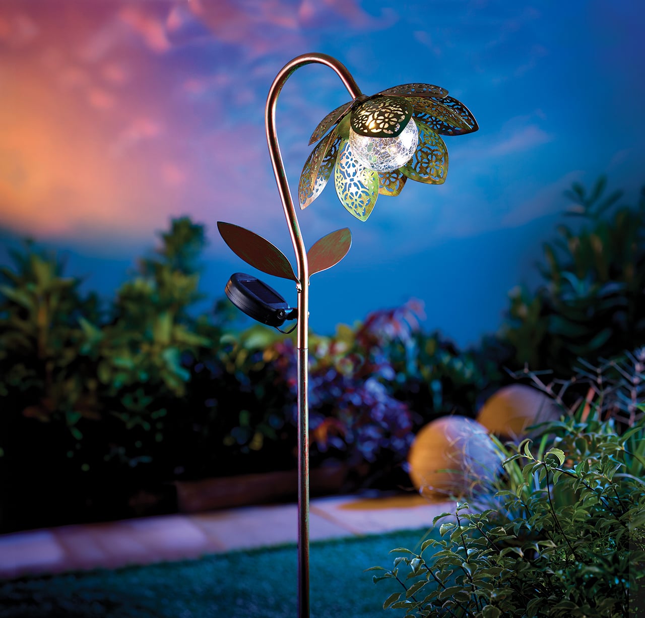 Scroll Petal Solar Stake Verdigris