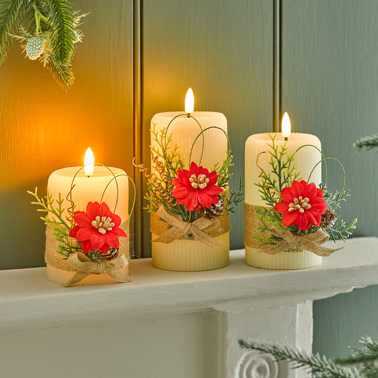 Set of 3 LED Poinsettia Candles
