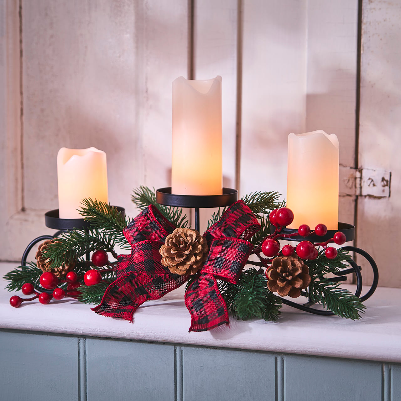 Evergreen and Berry Triple Candle Centrepiece