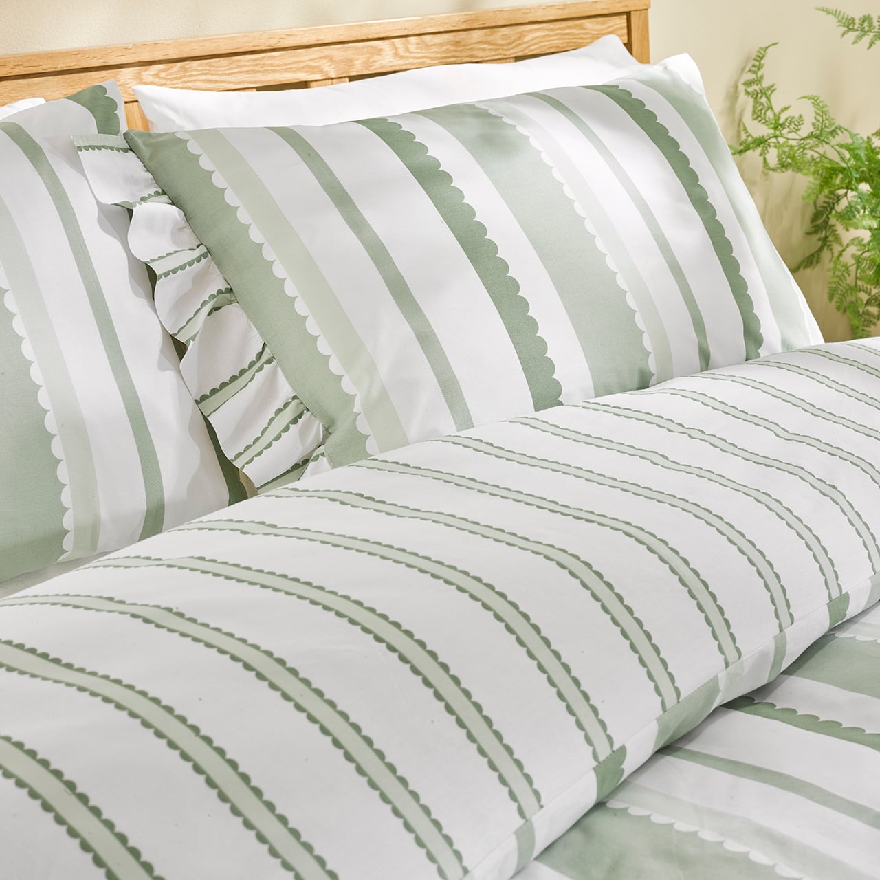 Green Stripe Duvet Set with Frilled Edging