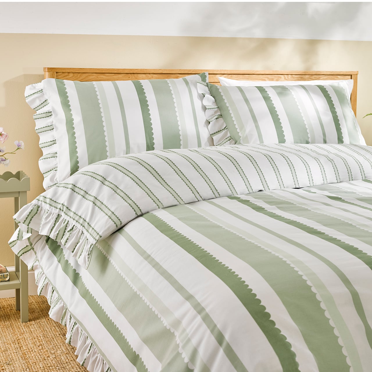Green Stripe Duvet Set with Frilled Edging