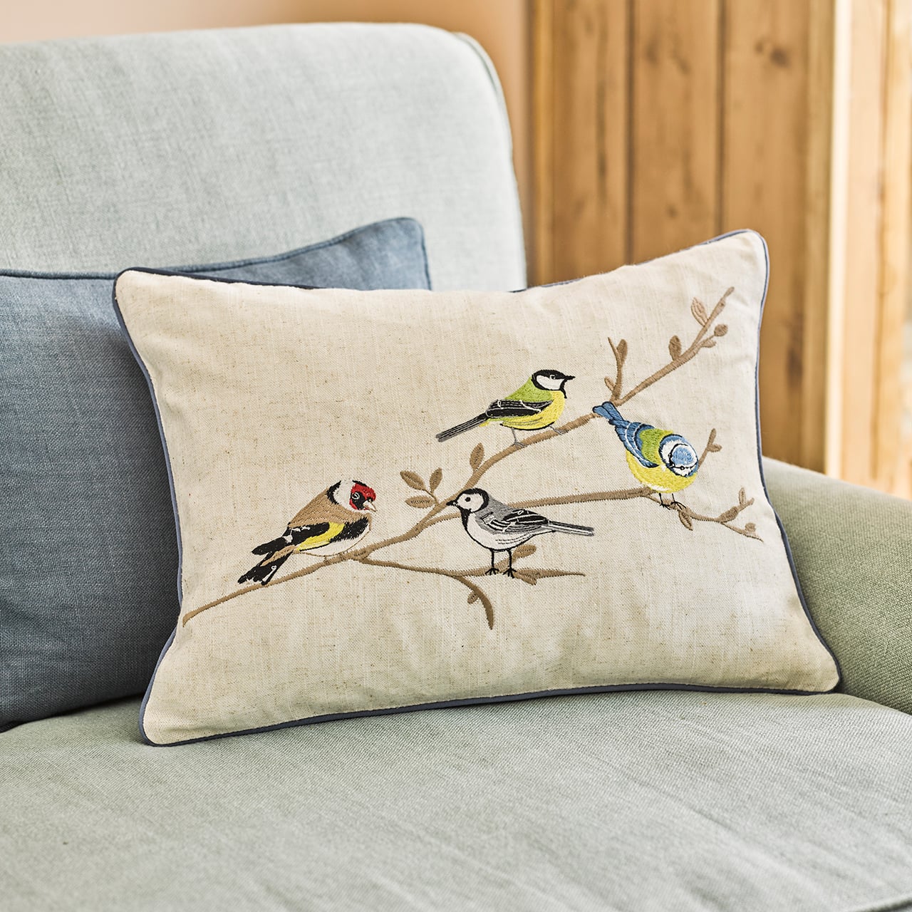 Garden Birds Embroidered Cushion