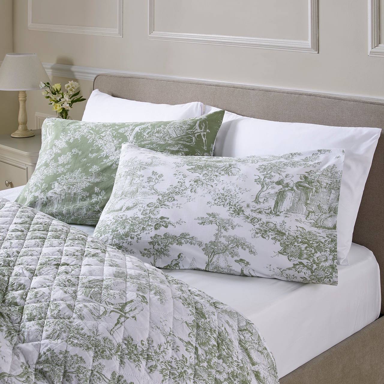 Pair of Toile du Jouy Sage Housewife Pillowcases