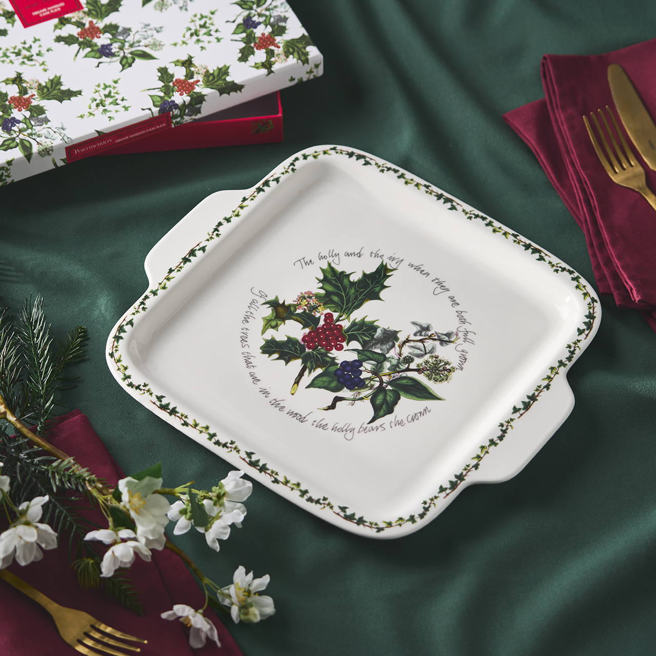 Holly and Ivy Square Handled Cake Plate