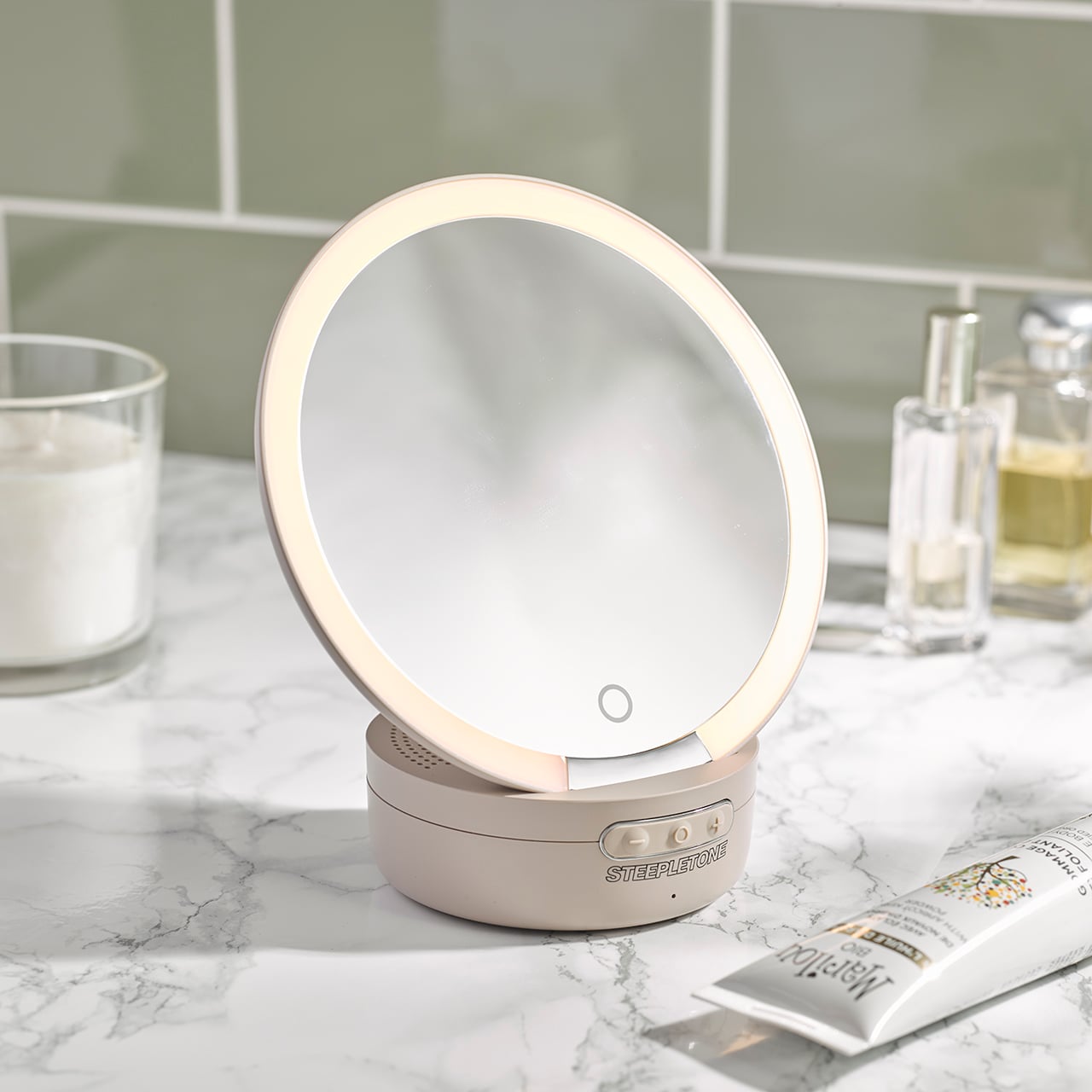 Compact Mirror with Light and Bluetooth Speaker
