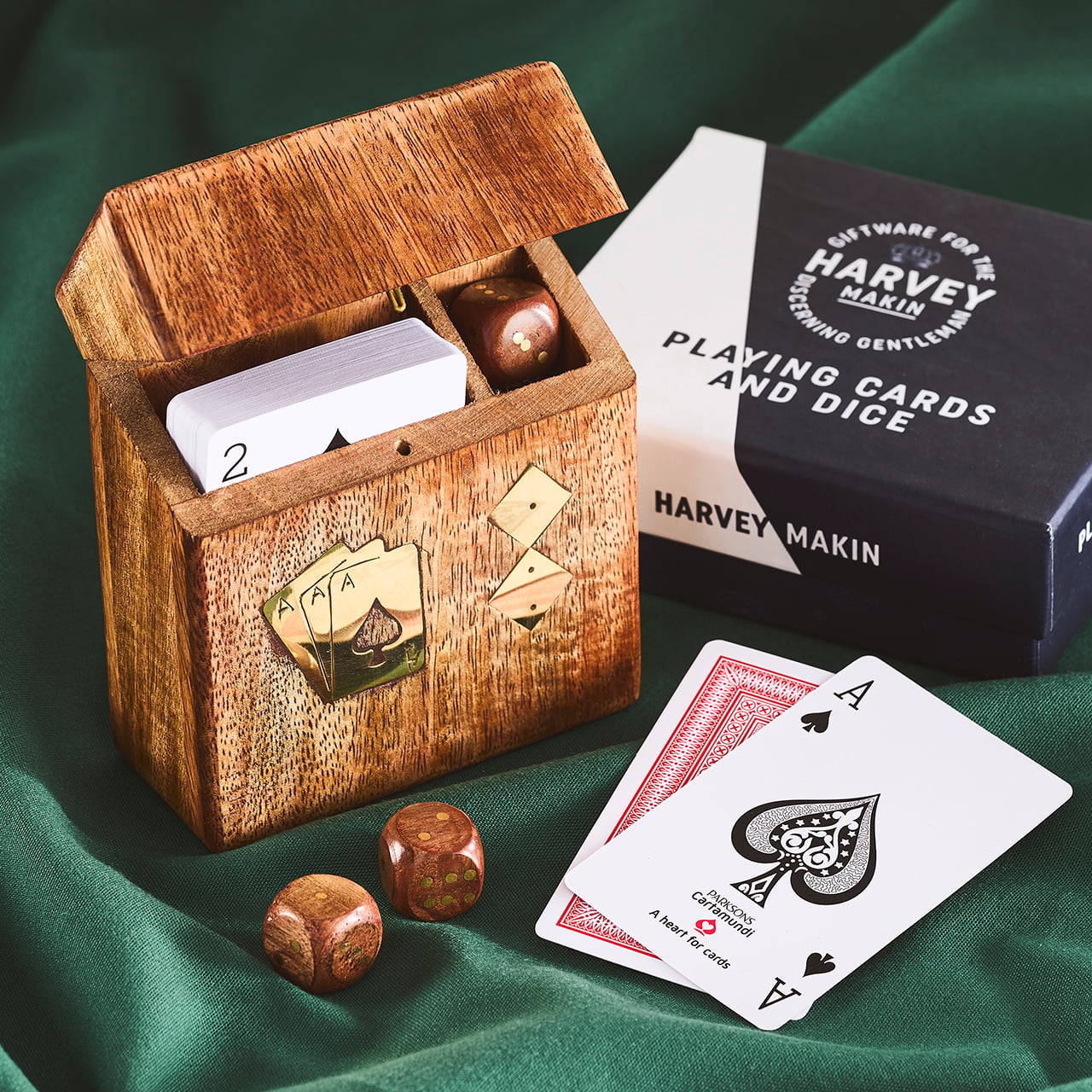 Playing Cards & Dice in Wooden Box