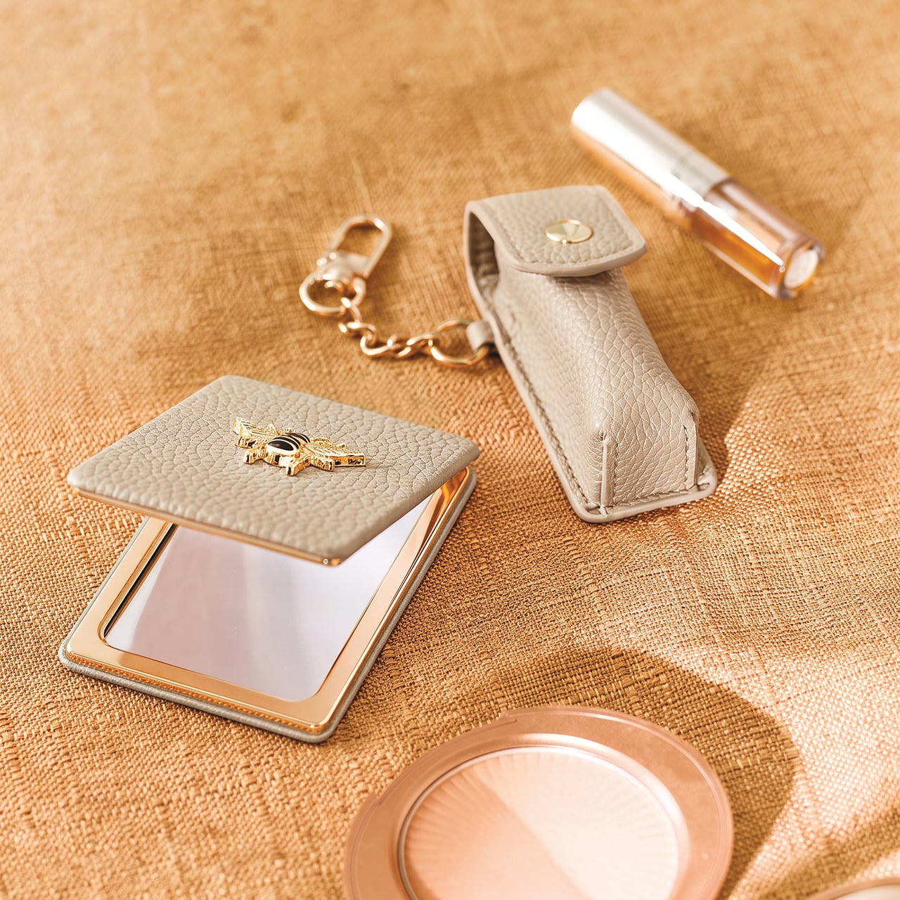 Stone Lipstick Holder and Compact Mirror Set