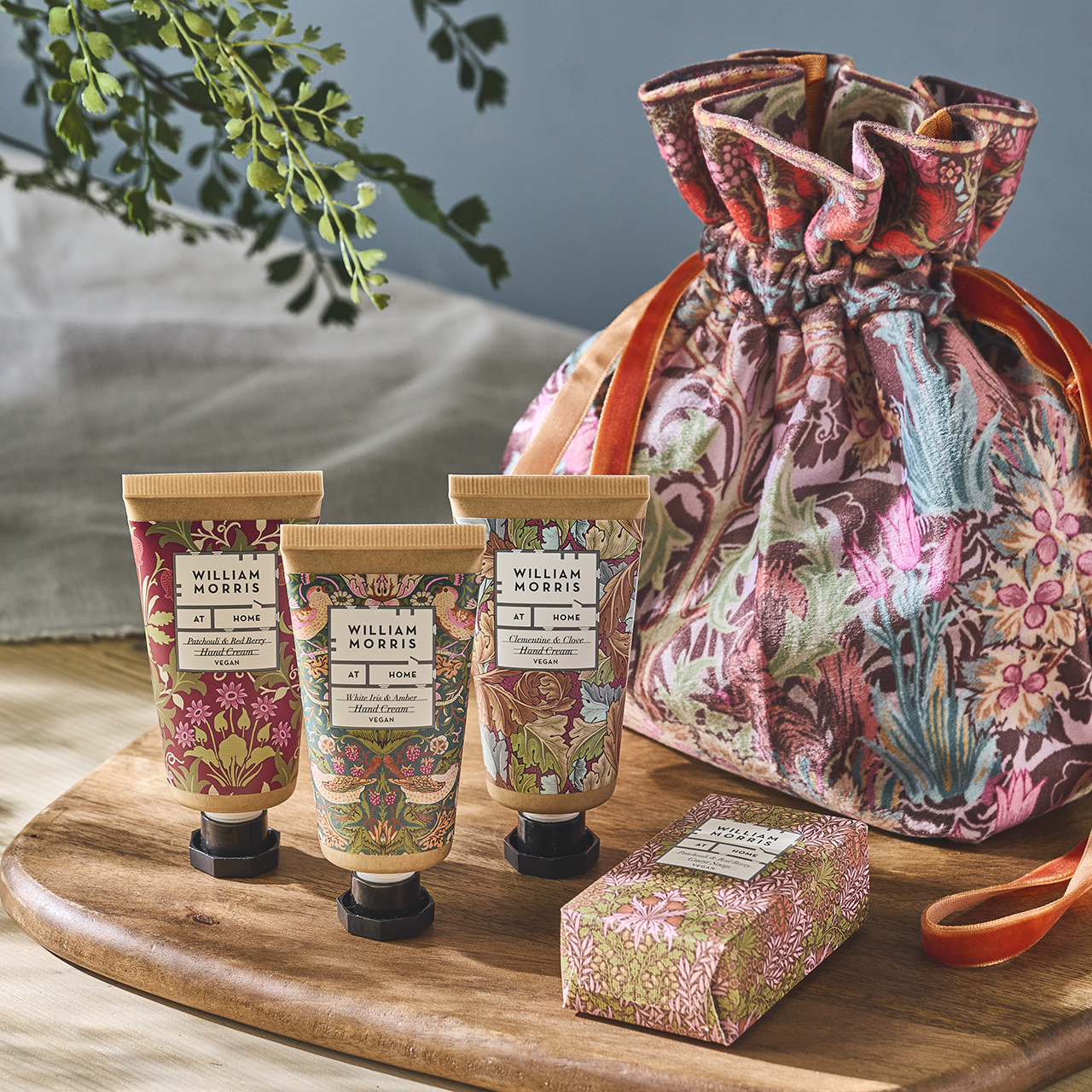 Velvet Drawstring Pouch with Hand Cream and Soap