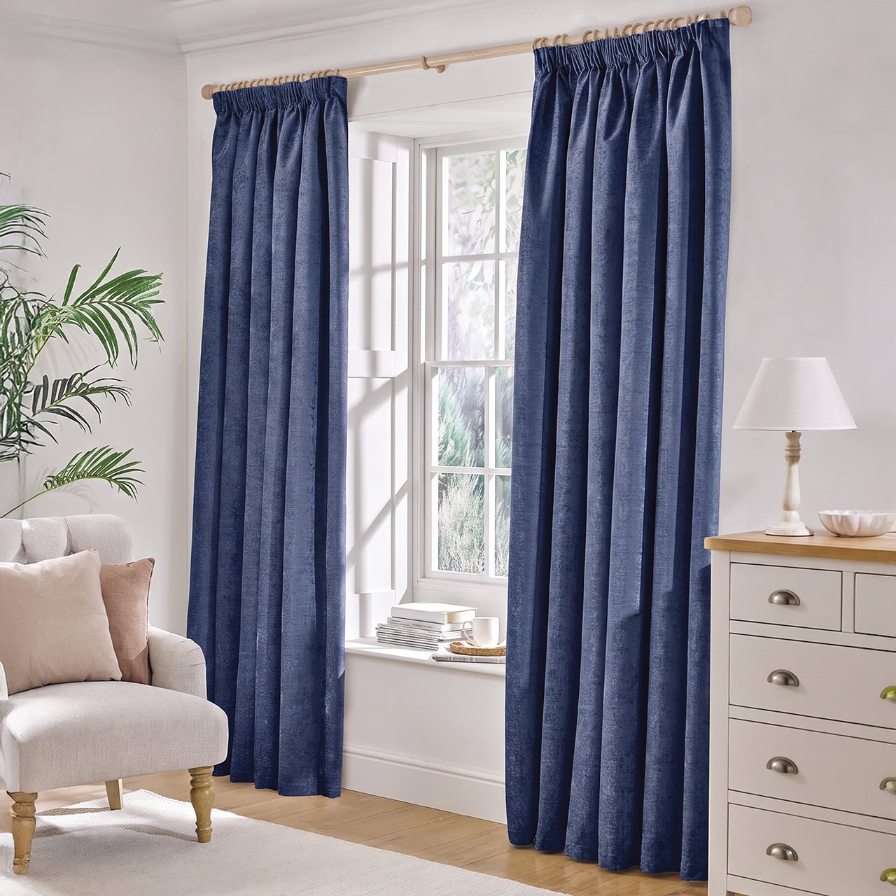 Blue Chenille Pencil Pleat Blackout Curtains