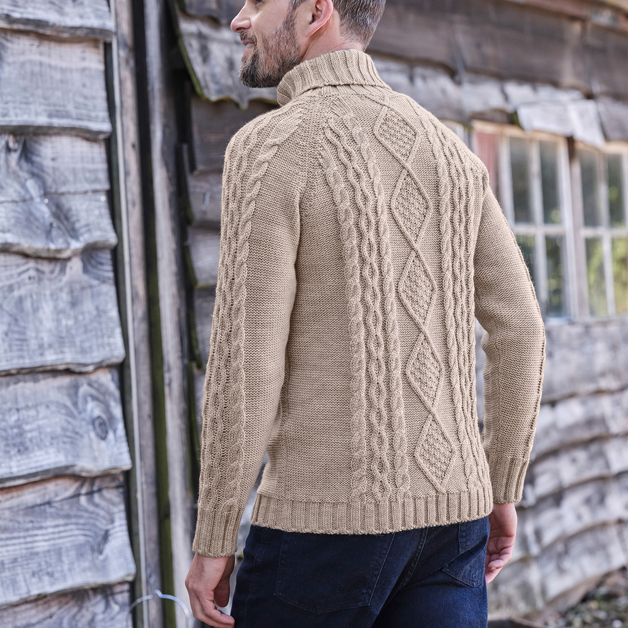 Oatmeal, Pure Wool Knitted Aran Polo Neck Jumper