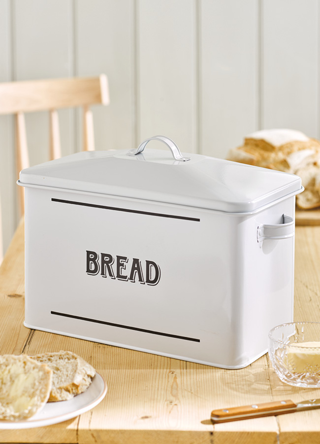 Grey metal bread bin with lid