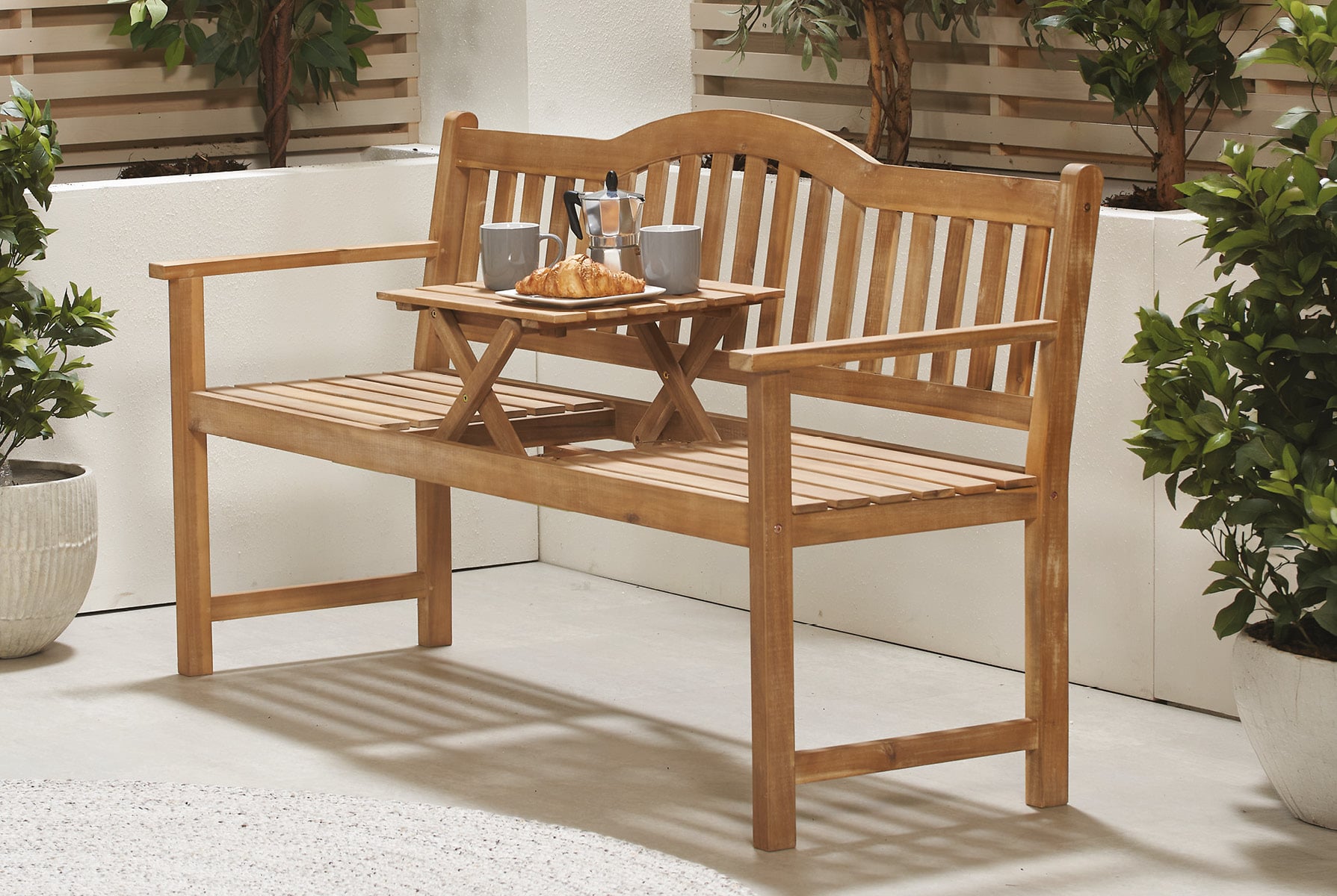 Wooden garden bench with pop up table