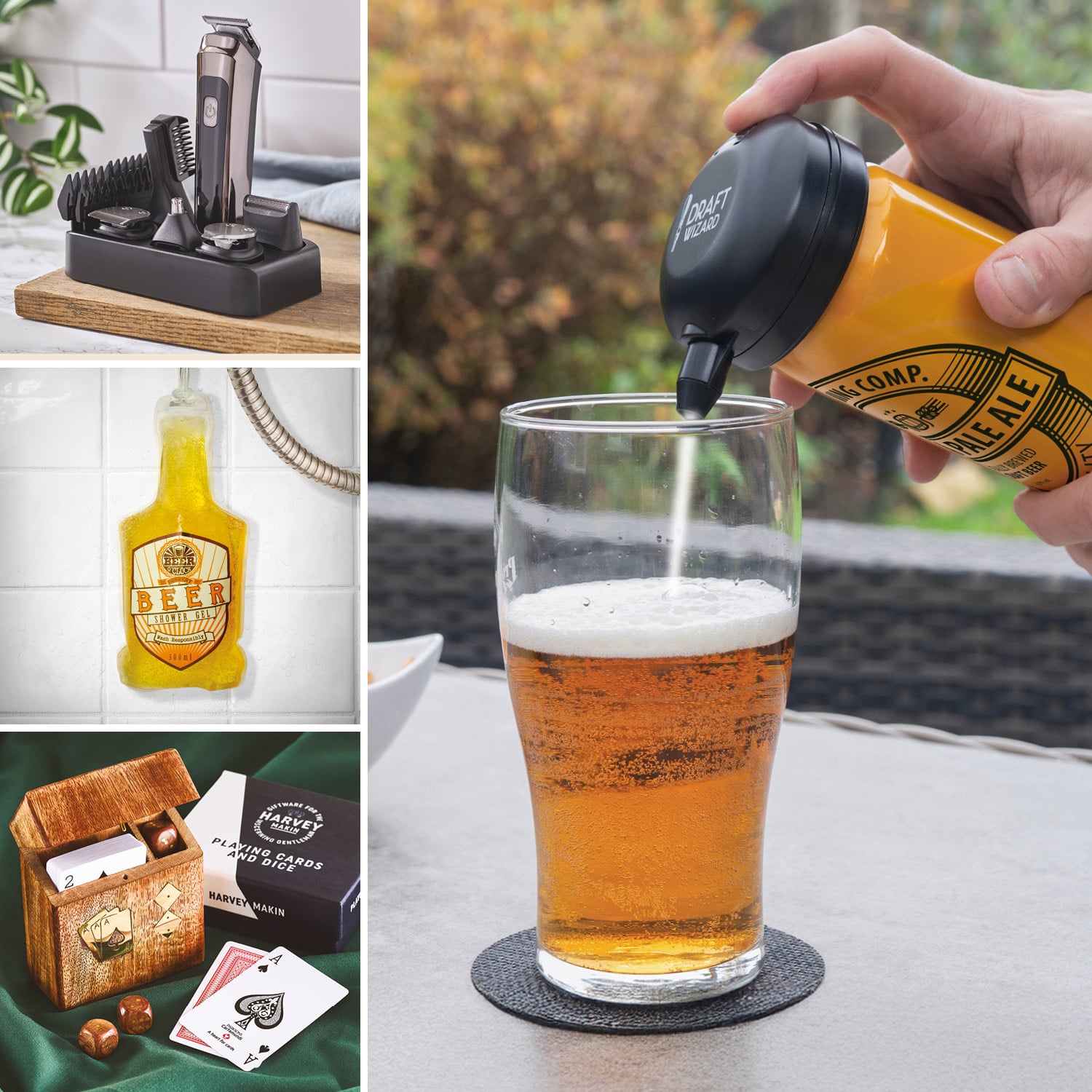 Selection of men's gifts - 11-in-1 Grooming Set, Beer Shower Gel, Playing Cards & Dice in Wooden Box and Draft Wizard