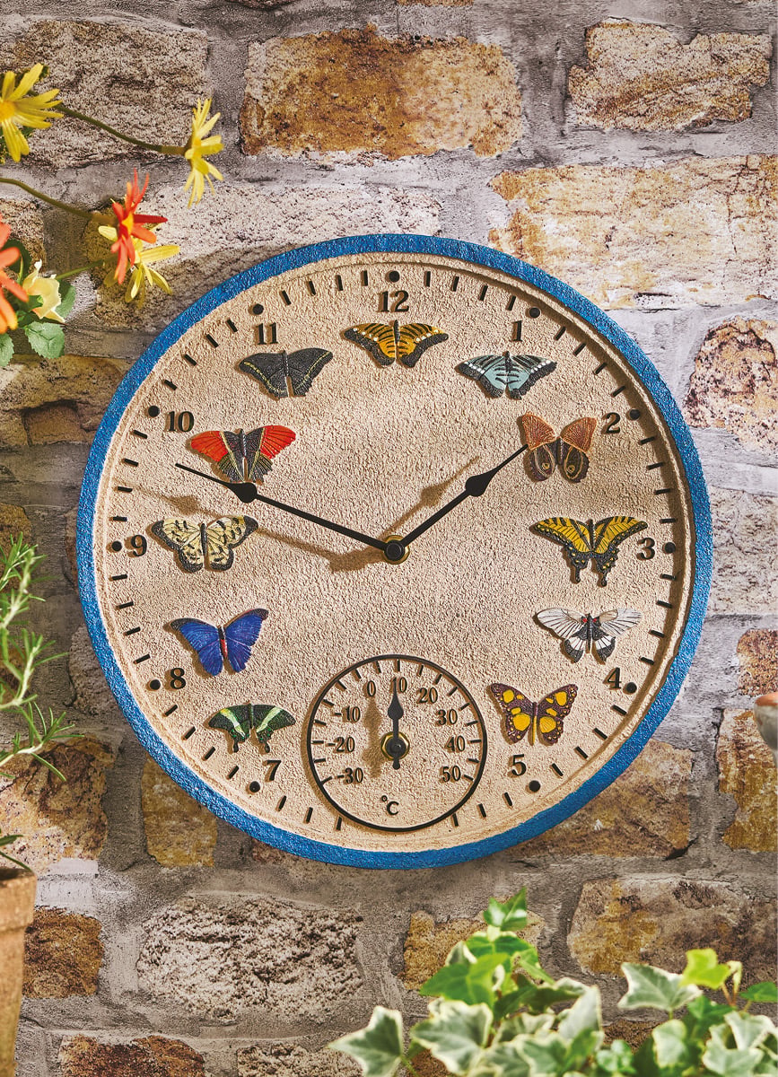 Outdoor clock with butterfly design