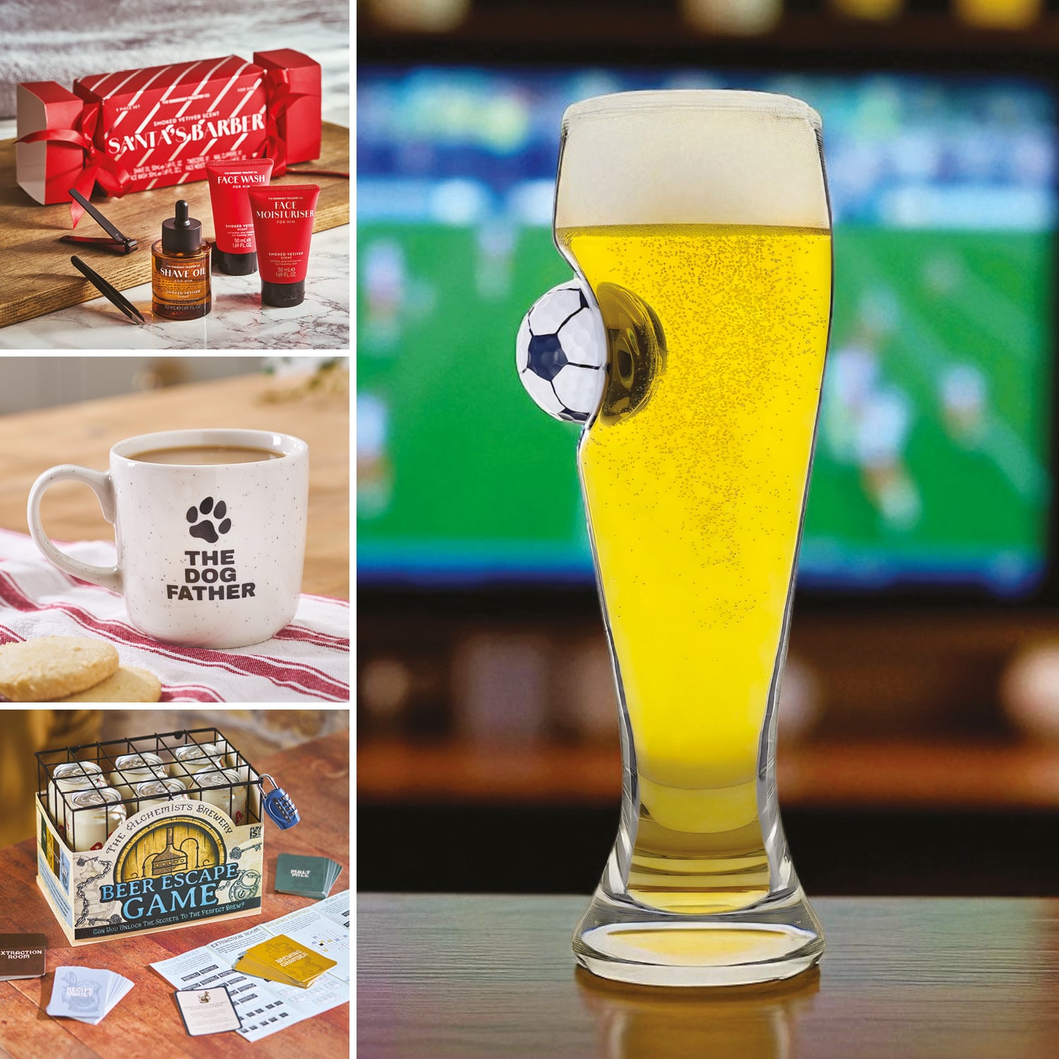 Selection of men's gifts - On the Ball Beer Glass, Shaving Care Kit Cracker, Dog Father Mug and Beer Escape Game