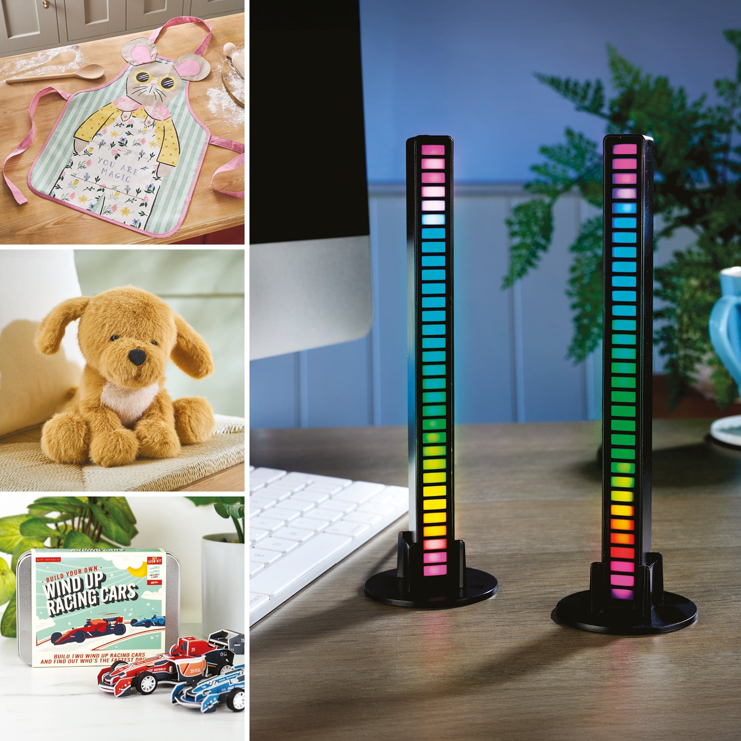 Selection of children's gifts - Set of 2 Sound Reactive Light Bars, Children's Apron Mouse, Cosy Heatable Plush Puppy and Build Your Own Wind Up Racing Cars