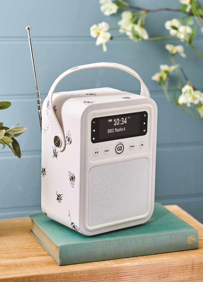 White DAB radio with bee design