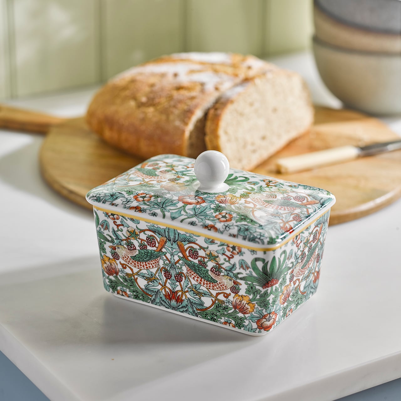 Strawberry Thief patterned ceramic butter dish with lid