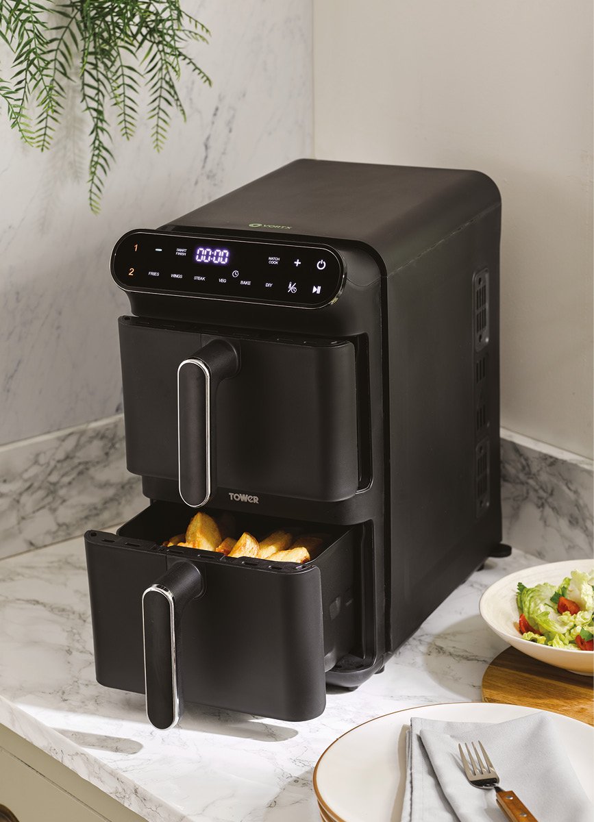 Black two drawer air fryer with digital panel