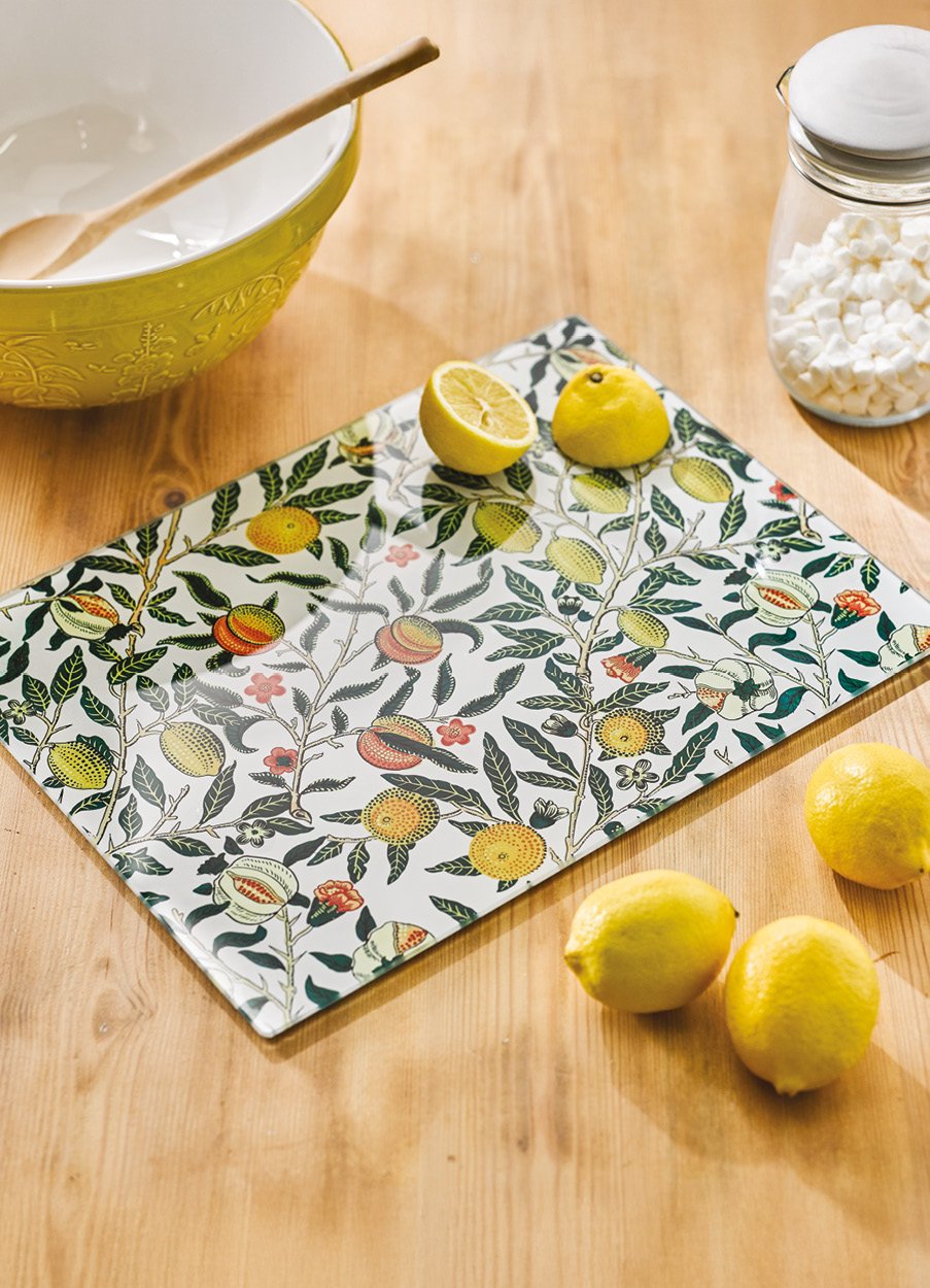 Glass worktop saver in Fruits by William Morris design