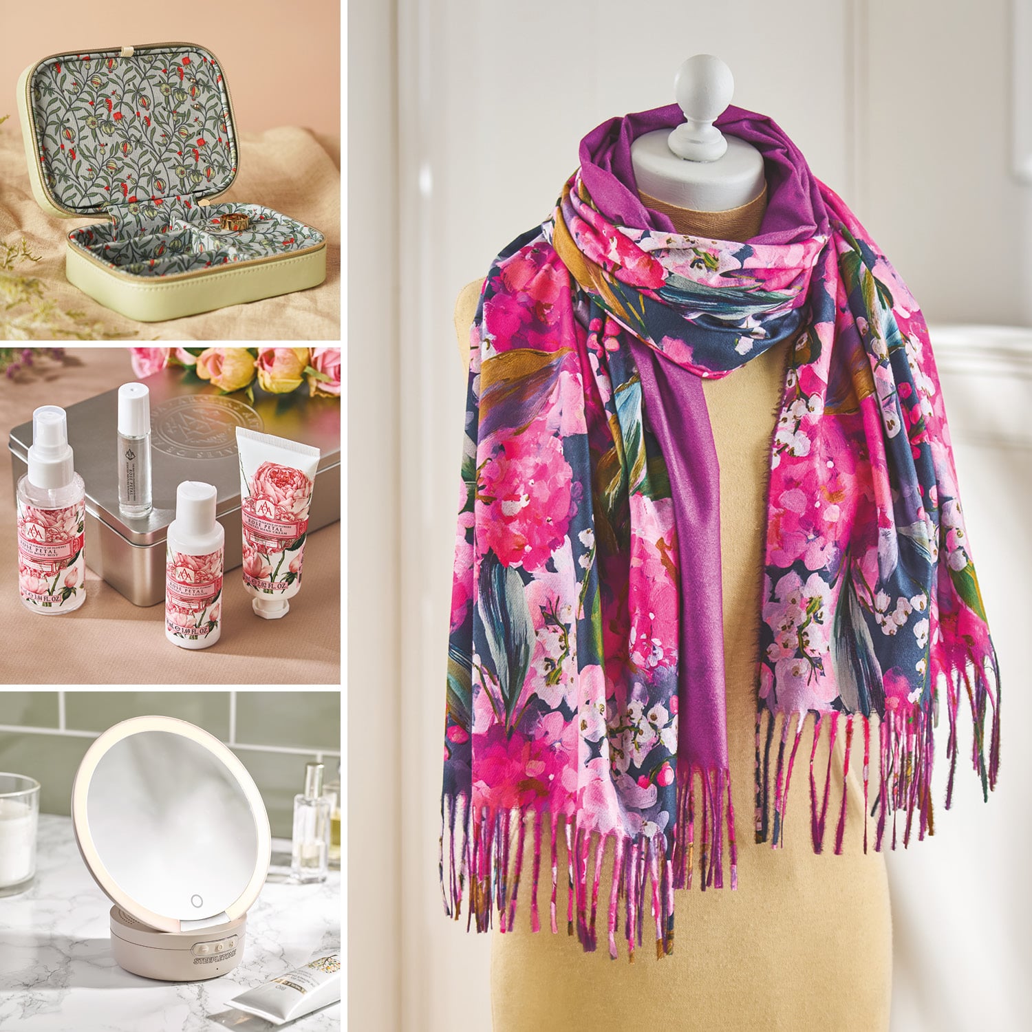 Selection of women's gifts - Floral Jewellery Box, Rose Petal Gift Tin Set, Compact Mirror with Light and Bluetooth Speaker and Hydrangeas Pashmina Scarf