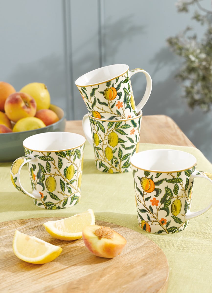 Four William Morris Fruits design mugs