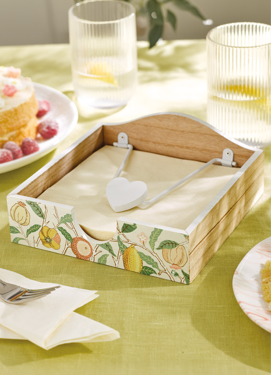 Wooden napkin holder with William morris fruits design