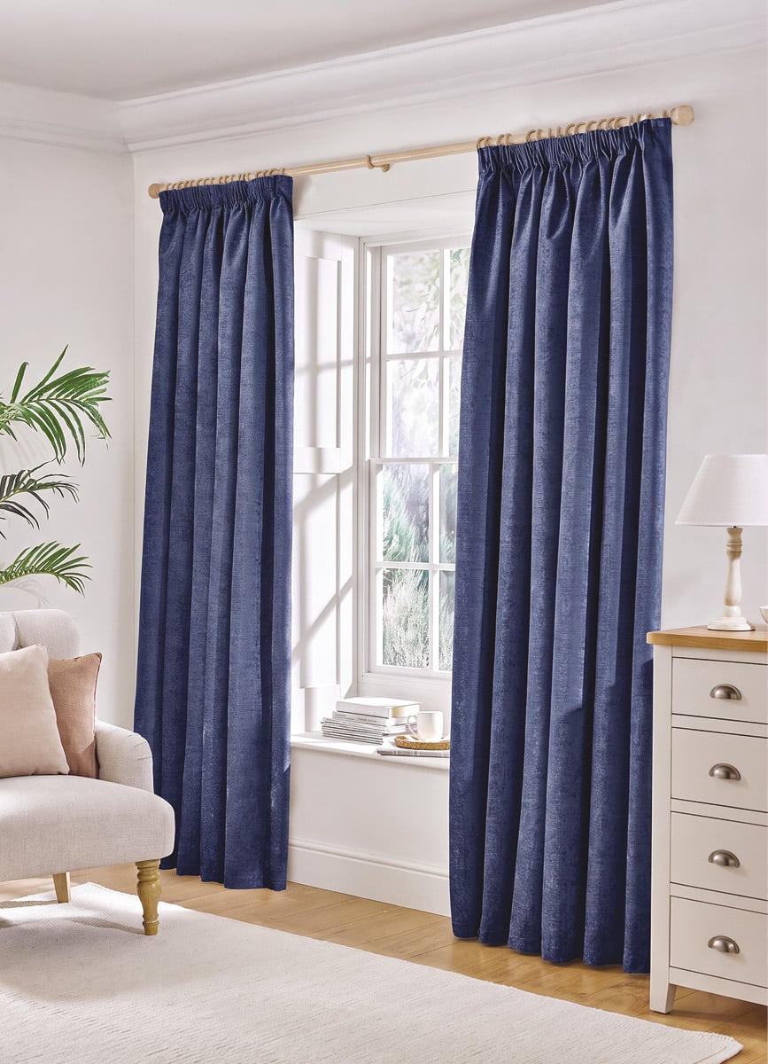 Blue Chenille Pencil Pleat Blackout Curtains