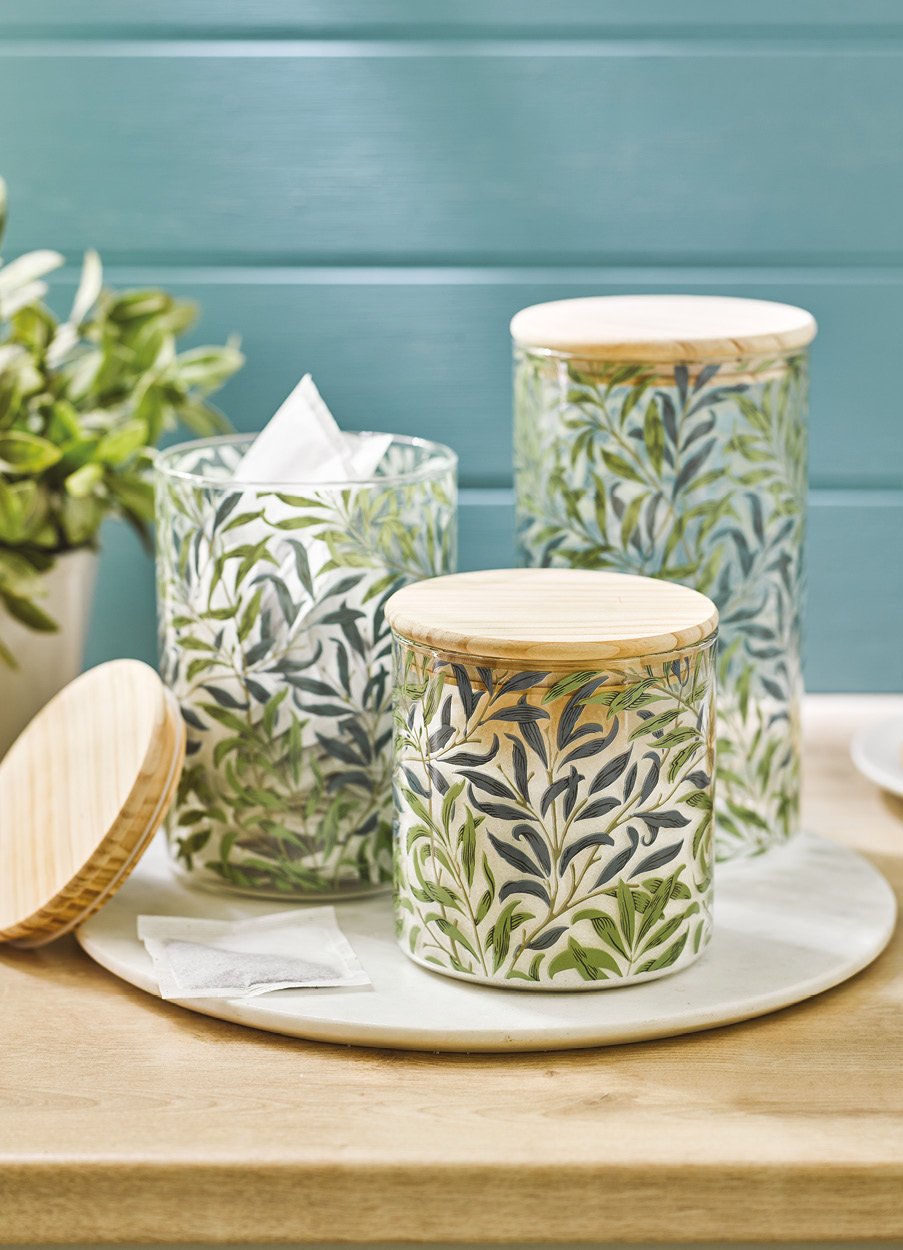 3 glass canisters with wooden lids, with William Morris Willow Bough design