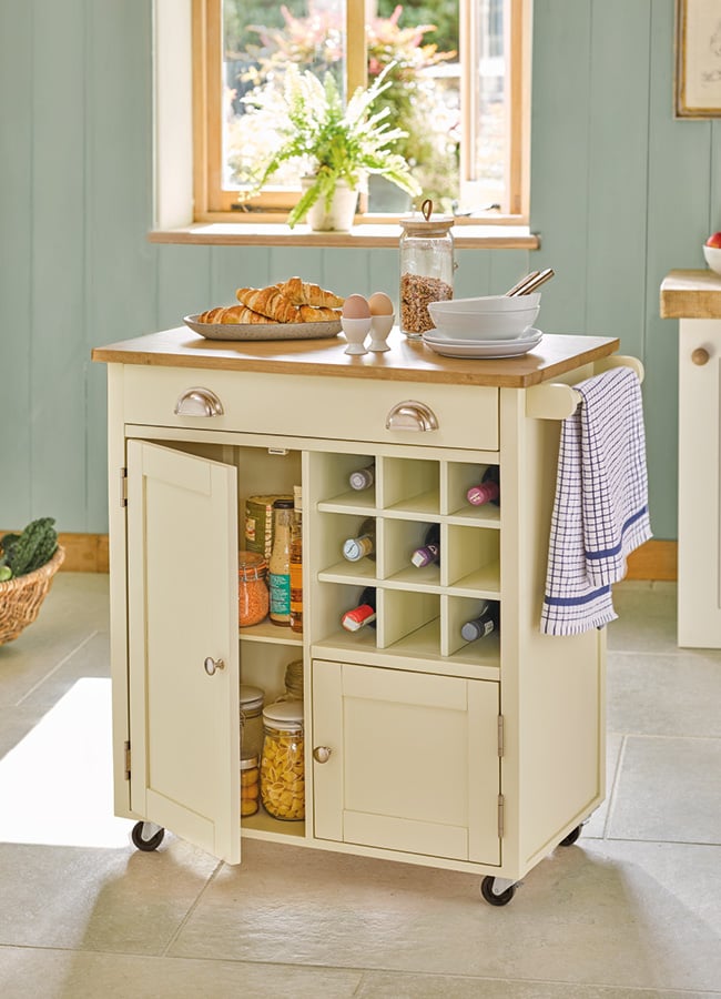 Buttermilk wooden trolley with wine storage and cupboards