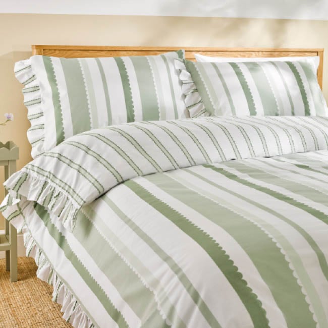 Green Stripe Duvet Set with Frilled Edging