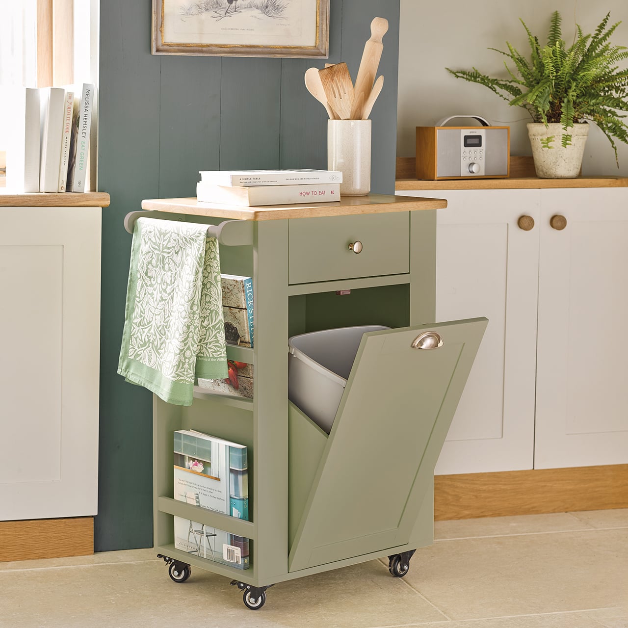 Green wooden bin store, with 1 drawer